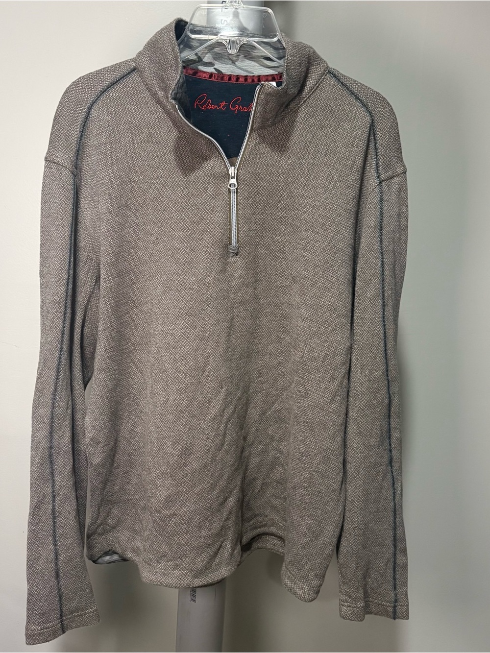 Robert Graham 1/ 4 Zip Pullover Sweater Sz L Beige Mock Neck Lightweight Cotton